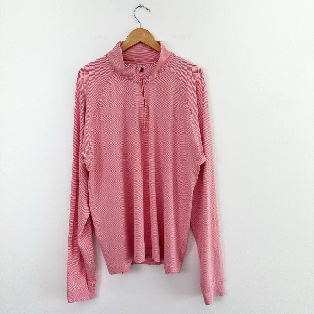 Westport Lifestyle Men’s 1/4 Zip Pink White Stripe UPF Water Wicking Stretch Pul
